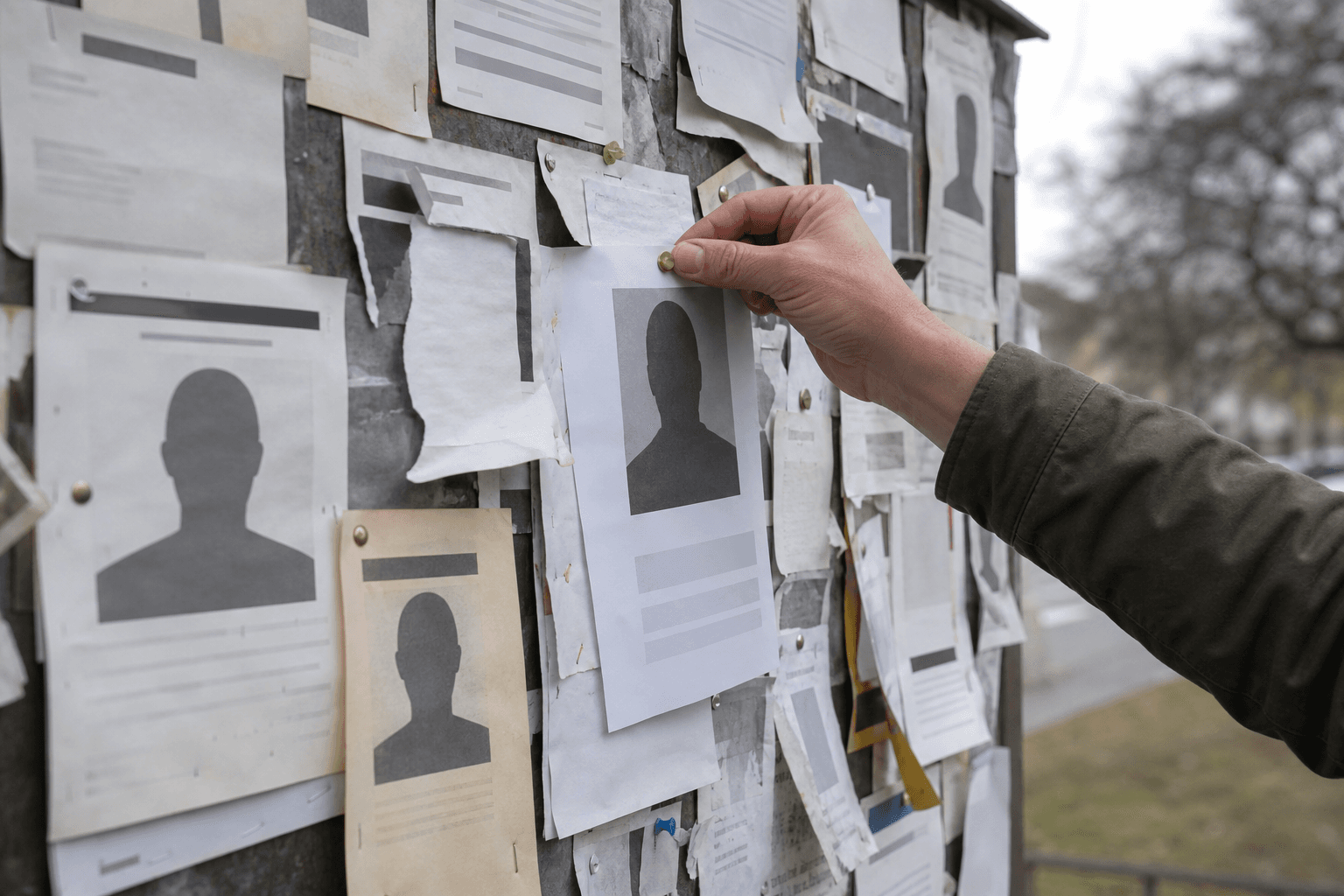 Рука прикрепляет лист с информацией о пропавшем человеке к общественной доске объявлений